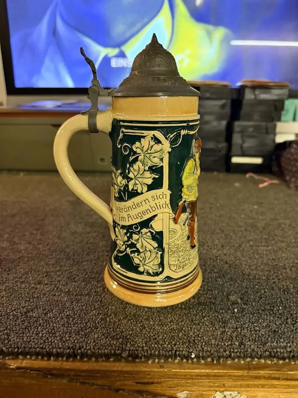 Vintage German 0.5L Stoneware Beer Stein with Pewter Lid featuring 'Die Fischeri
